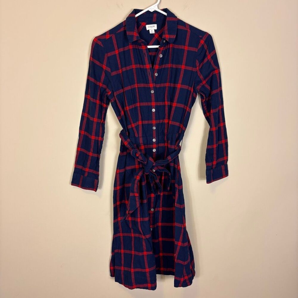 J. Crew Navy Blue & Red Plaid‎ Collared Button Down Long Sleeve Dress 0
